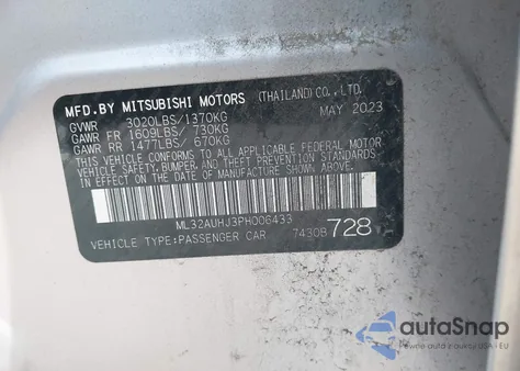 2023 Mitsubishi Mirage Es/Le from USA, damaged, VIN ML32AUHJ3PH006433